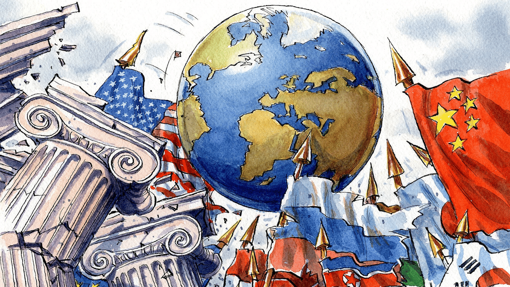 Cartoon showing the Earth surrounded by shaking flags, with a US flag on the left and Chinese, Russian, South Korean, North Korean and Japanese flags on the right. Photo: Ingram Pinn.