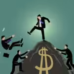 Ruling class climbing over one another to be reach the top, where they throw each other off. Photo: caitlinjohnstone.com.