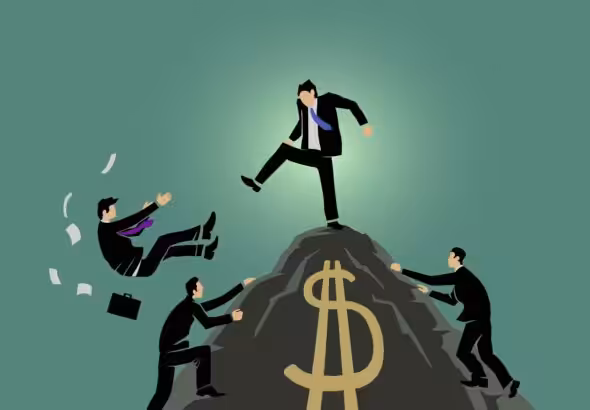 Ruling class climbing over one another to be reach the top, where they throw each other off. Photo: caitlinjohnstone.com.