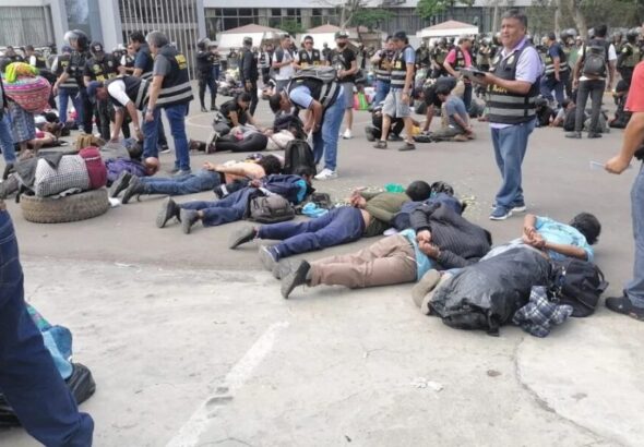 Police invade San Marcos University with armored vehicles and are arrests of indigenous campesinos and students protesting the Dina Boluarte regime. Photo: Kawsachun News/twitter.