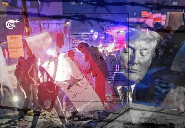 Collage of scenes of destruction in Syria following the 7.8 magnitude earthquake, with Trump's face superimposed, referring to the Western sanctions that are hindering the dispatch of aid to Syria. Photo composition: Al Mayadeen.