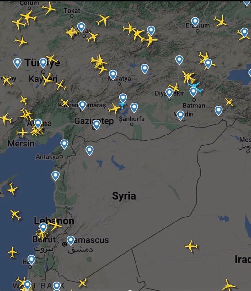 Flight tracker shows that there is no European aid aircraft over the Syrian airspace, while all aid and rescue teams are heading to Turkey for assistance.