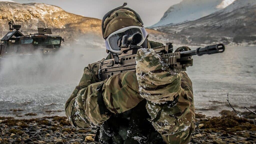 A US soldier aims a shotgun during a military drill in Norway. File photo.