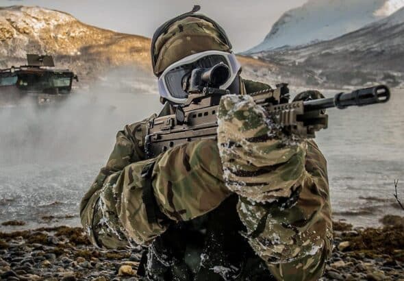 A US soldier aims a shotgun during a military drill in Norway. File photo.
