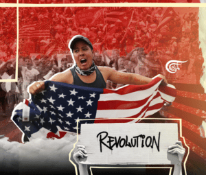 Photo composition showing a Cuban-American woman holding a US flag, calling for overthrow of the Cuban Revolution, and two hands holding up a sign reading "Revolution," describing US-backed color revolutions against anti-imperialist governments around the world. Photo: Al Mayadeen.