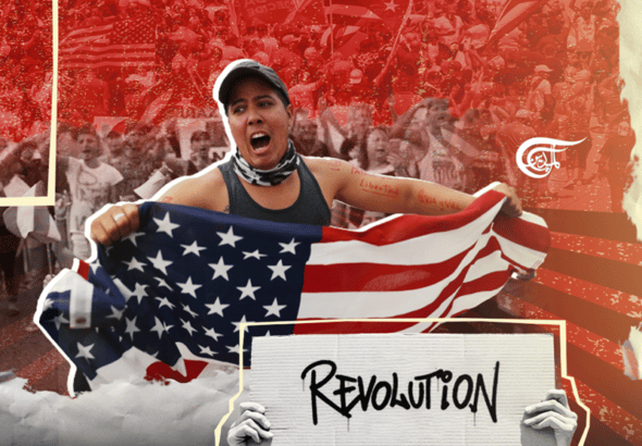 Photo composition showing a Cuban-American woman holding a US flag, calling for overthrow of the Cuban Revolution, and two hands holding up a sign reading "Revolution," describing US-backed color revolutions against anti-imperialist governments around the world. Photo: Al Mayadeen.