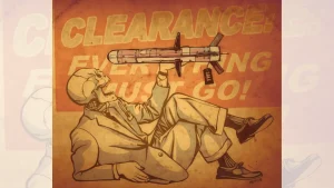 Cartoon propaganda of a skeleton selling missiles and a clearance sign saying “Everything must go!”. Photo: Mr. Fish.
