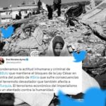 Photo composition showing a little girl covered with a blanket in front of a collapsed building next to a tweet by Evo Morales criticizing US sanctions making emergency response more complicated for Syrian citizens. Photo: Al Mayadeen.