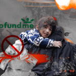 Photo composition: A rescuer carries in his arms a girl rescued from the earthquake, in the background the ruins of buildings, in front the word GoFoundMe and the forbidden sign. Photo: Al Mayadeen.