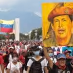 Chavistas marching and holding a large drawing of Commander Hugo Chávez at Paseo Los Proceres, Caracas, celebrating the 31st anniversary of the February 4th, 1992, military rebellion. Photo: Peoples Dispatch.