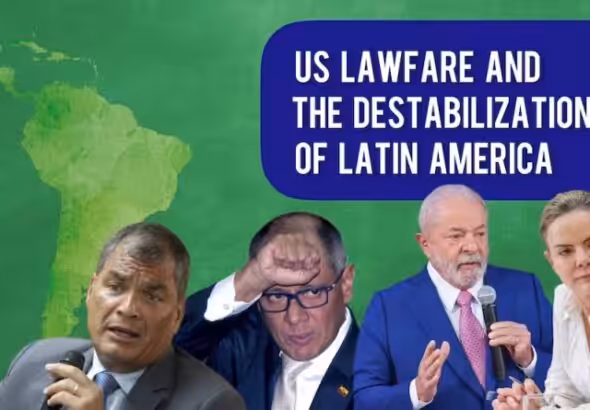 Photo composition: From left to right, Former President of Ecuador Rafael Correa, Former Vice President of Ecuador Jorge Glas, President of Brazil Lula da Silva and President of the Workers' Party of Brazil Gleisi Hoffmann. In the background Central and South American map and at the top the title of this article. Photo: Kawsachun News.