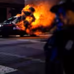 An Atlanta police vehicle set on fire during a Stop Cop City protest in Atlanta, Ga. Photo: Benjamin Hendren/Anadolu Agency via Getty Images.
