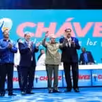 From left to right: President Daniel Ortega from Nicaragua, President Luis Arce from Bolivia, President Ralph Gonsalves from St. Vincent and the Grenadines, Cuban leader Raúl Castro and Venezuelan President Nicolás Maduro, standing and applauding during the closing ceremony of the congress organized in commemoration of the 10th anniversary of the passing of President Hugo Chávez, Sunday, March 5, 2023. Photo: Presidential Press.