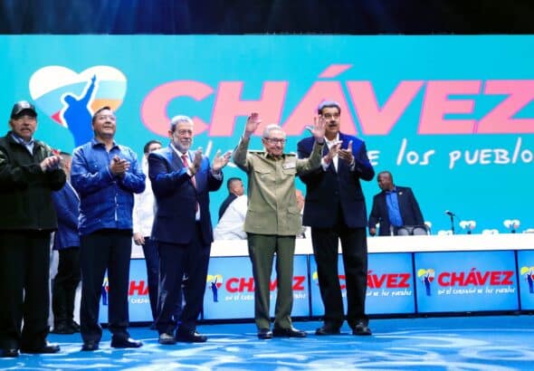 From left to right: President Daniel Ortega from Nicaragua, President Luis Arce from Bolivia, President Ralph Gonsalves from St. Vincent and the Grenadines, Cuban leader Raúl Castro and Venezuelan President Nicolás Maduro, standing and applauding during the closing ceremony of the congress organized in commemoration of the 10th anniversary of the passing of President Hugo Chávez, Sunday, March 5, 2023. Photo: Presidential Press.