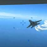 Russian Su-27 firefighter jet involved in the incident with a US spy drone recklessly flying into Ukraine war conflict zone. Photo: Pentagon edited video footage.