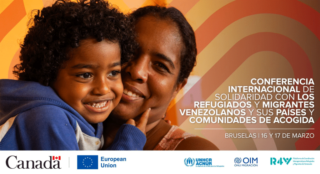 A woman holding a child in the flyer prepared by the organizers of the "solidarity" forum with Venezuelan migrants. Photo: UN International Organization for Migration (IOM).