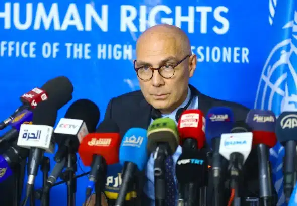 UN High Commissioner for Human Rights Volker Türk gives a press conference in Khartoum, Sudan, in November 2022. Photo: Anadolu Agency/Getty Images.