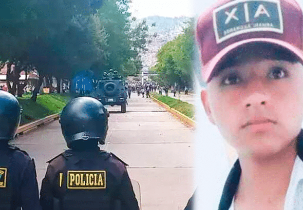 Photo composition showing the place where Peruvian repressive forces shot unarmed protester Rosalino Flores (left) at point blank, and a photo of Flores (right). Photo: Diario La Republica.