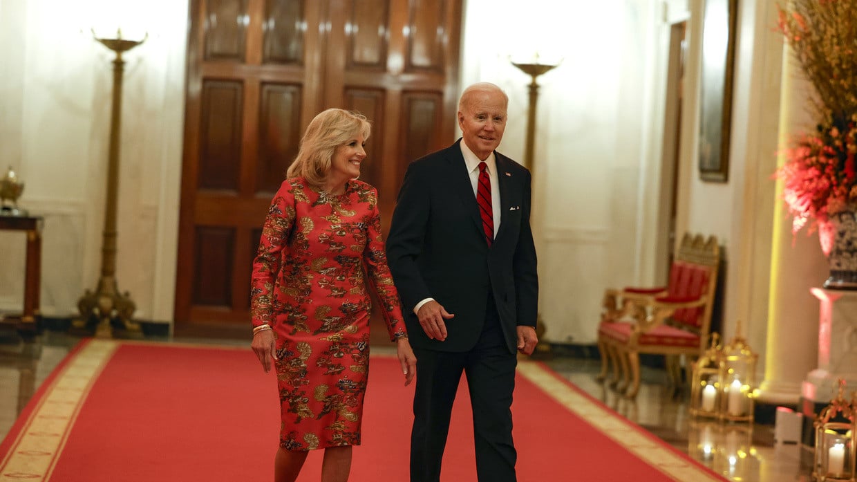 U.S. first Lady Jill Biden and President Joe Biden arrive for a reception celebrating Lunar New Year in the East Room of the White House on January 26, 2023 in Washington, DC. Photo: Getty Images/Anna Moneymaker/Getty Images.