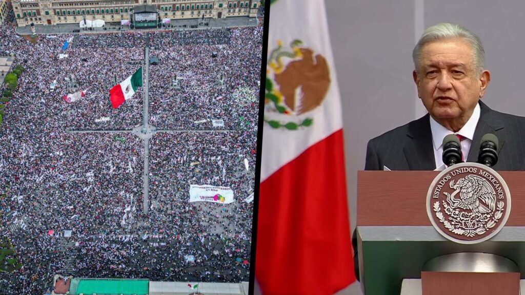 Image divided in two, on the left side the Plaza de la Constitución, the main square of Mexico City, full of AMLO supporters, March 18, 2023 and on the right side President Andrés Manuel López Obrador (AMLO). Photo: Atomic Feathers.