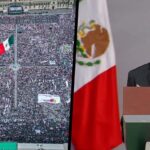 Image divided in two, on the left side the Plaza de la Constitución, the main square of Mexico City, full of AMLO supporters, March 18, 2023 and on the right side President Andrés Manuel López Obrador (AMLO). Photo: Atomic Feathers.