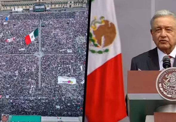 Image divided in two, on the left side the Plaza de la Constitución, the main square of Mexico City, full of AMLO supporters, March 18, 2023 and on the right side President Andrés Manuel López Obrador (AMLO). Photo: Atomic Feathers.