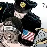 White police officer choking a black woman representing the Statue of Liberty. Photo: Cartoon.
