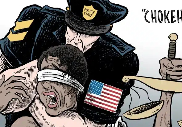 White police officer choking a black woman representing the Statue of Liberty. Photo: Cartoon.