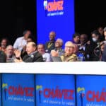 Partial view of the podium at the closing ceremony of the event organized in Caracas to commemorate 10 years of the passing of President Hugo Chavez. Photo: Twitter/@PresidencialVen.