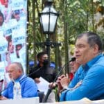 Former Ecuadorian President Rafael Correa (right) speaks at a public event in Caracas, March 9, 2023. Photo: Twitter/@ViceVenezuela.
