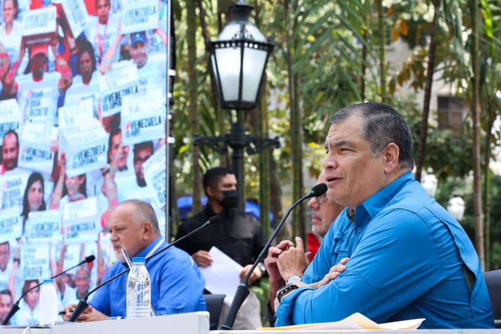 Former Ecuadorian President Rafael Correa (right) speaks at a public event in Caracas, March 9, 2023. Photo: Twitter/@ViceVenezuela.