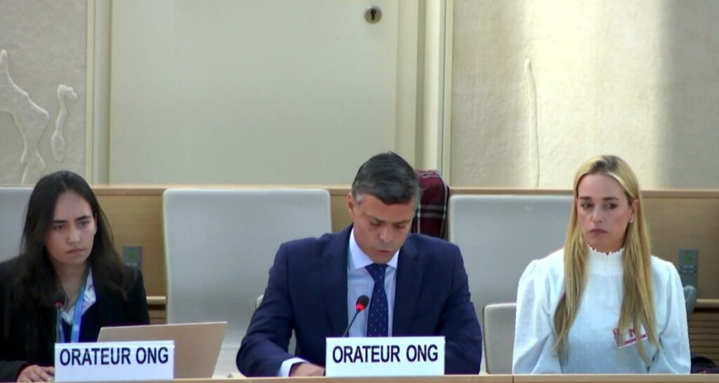 Venezuelan far-right politician and fugitive Leopoldo López speaking at the UN Human Rights Council on behalf of the zionist NGO UN Watch, in Geneva, March 22. Photo: Twitter/@LarryDevoe.