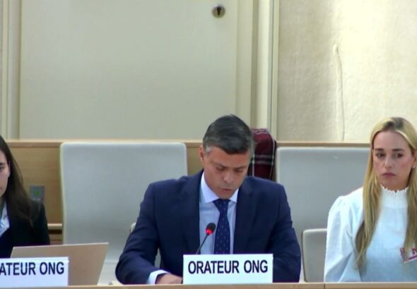 Venezuelan far-right politician and fugitive Leopoldo López speaking at the UN Human Rights Council on behalf of the zionist NGO UN Watch, in Geneva, March 22. Photo: Twitter/@LarryDevoe.