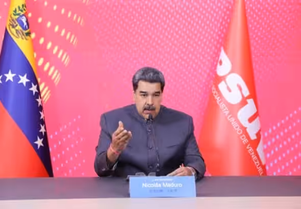 Venezuelan President Nicolás Maduro with Venezuelan and PSUV flags in the background during a virtual conference at the High-Level Dialogue between the Communist Party of China and World Political Parties, this Wednesday, March 15, 2023. Photo: Presidential Press.
