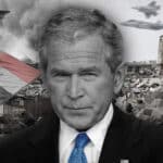 Photo composition: Russian President Vladimir Putin (left), former US President George W. Bush (center), Chinese President Xi Jinping (right), on a war-torn city and an Iraqi flag background. Photo: The Cradle.