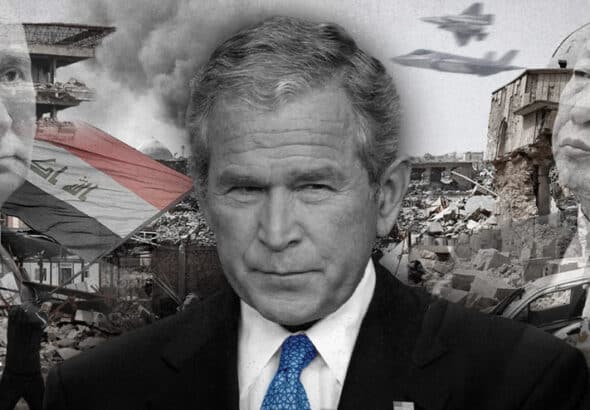 Photo composition: Russian President Vladimir Putin (left), former US President George W. Bush (center), Chinese President Xi Jinping (right), on a war-torn city and an Iraqi flag background. Photo: The Cradle.