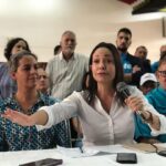 Venezuelan far-right opposition figure María Corina Machado during an uncrowded party event. Photo: File photo.