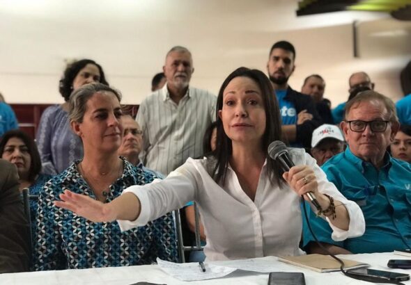Venezuelan far-right opposition figure María Corina Machado during an uncrowded party event. Photo: File photo.