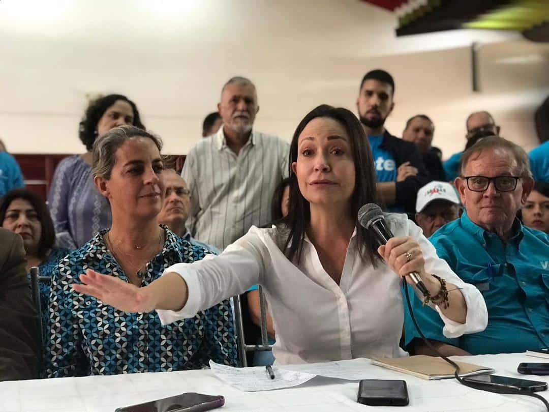 Venezuelan far-right opposition figure María Corina Machado during an uncrowded party event. Photo: File photo.