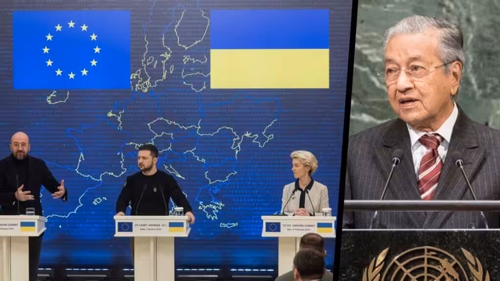 Composite image of Ukrainian president Zelensky at podium and Malaysia's former PM Mahathir Mohamad. Image: Geopolitical Economy Report.