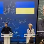 Composite image of Ukrainian president Zelensky at podium and Malaysia's former PM Mahathir Mohamad. Image: Geopolitical Economy Report.