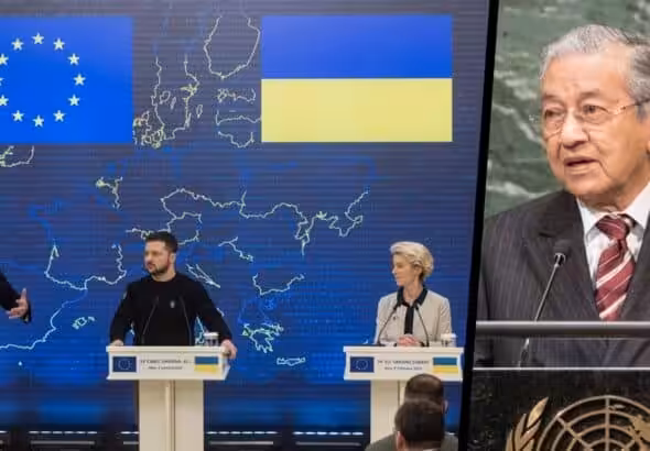 Composite image of Ukrainian president Zelensky at podium and Malaysia's former PM Mahathir Mohamad. Image: Geopolitical Economy Report.