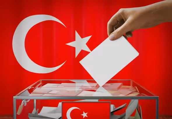 Illustration of a ballot box with a person casting a vote, with the Turkish flag in the background. Photo: Twitter/@eevriviade.