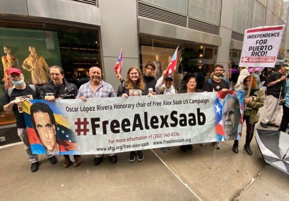 Puerto Rican independence activists in New York during a Puerto Rico Day Parade demanding freedom for Alex Saab, Venezuelan diplomat who has been illegally imprisoned in the United States, June 12, 2022. Photo: Fuser News.