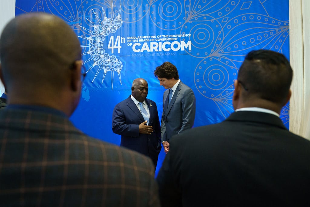 Canada’s PM Justin Trudeau with Bahamian PM Philip Davis at the CARICOM meeting in Nassau on Feb. 15. Photo: Adam Scotti/OPM