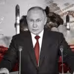 Photo composition with Russian President Vladimir Putin at the center and and Eurasian mat to the right and ruble bank notes to the left, together with tactical nuclear missile launchers. Photo: The Cradle.