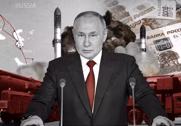 Photo composition with Russian President Vladimir Putin at the center and and Eurasian mat to the right and ruble bank notes to the left, together with tactical nuclear missile launchers. Photo: The Cradle.