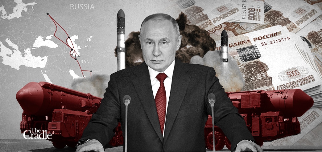 Photo composition with Russian President Vladimir Putin at the center and and Eurasian mat to the right and ruble bank notes to the left, together with tactical nuclear missile launchers. Photo: The Cradle.