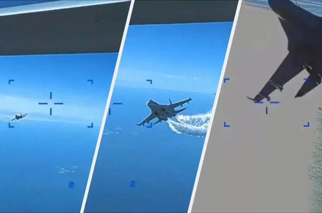 Russian Su-27 firefighter jet involved in the incident with a US spy drone recklessly flying into Ukraine war conflict zone. Photo: Pentagon edited video footage.