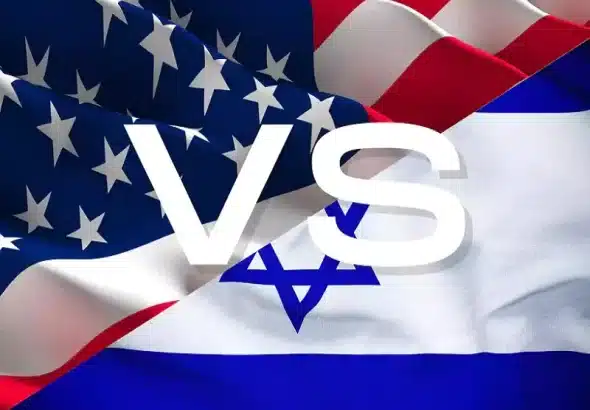Photo composition with the US flag (upper left) and the Israel flag (bottom right) with the caption "VS." Photo: Newsletter by Andrew Korybko.